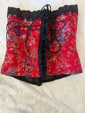 Red Floral Corset Top with Black Lace Trim